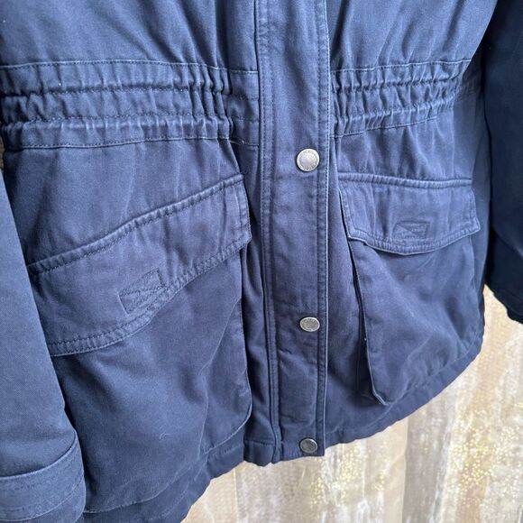 BCBGeneration Navy Blue Hooded Faux Fur Trim Anorak Parka Coat Large - Picture 4 of 10